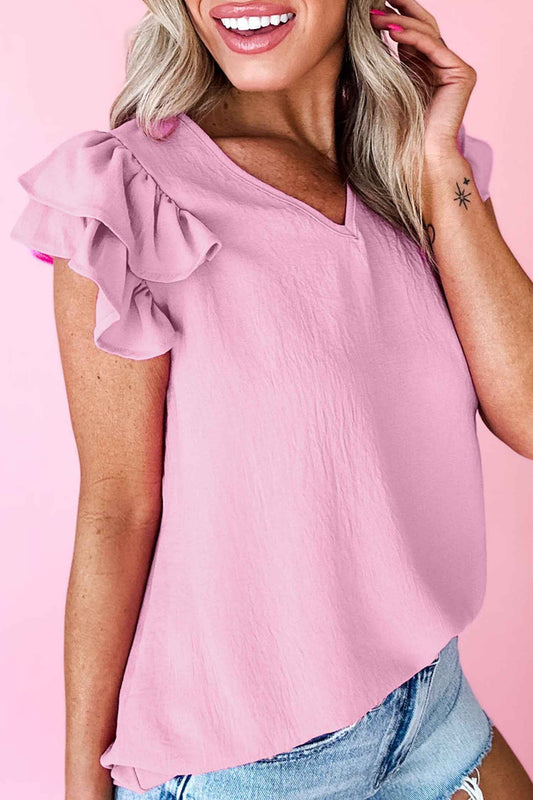 Bonbon Solid Color V Neck Ruffled Detail Loose Tank Top