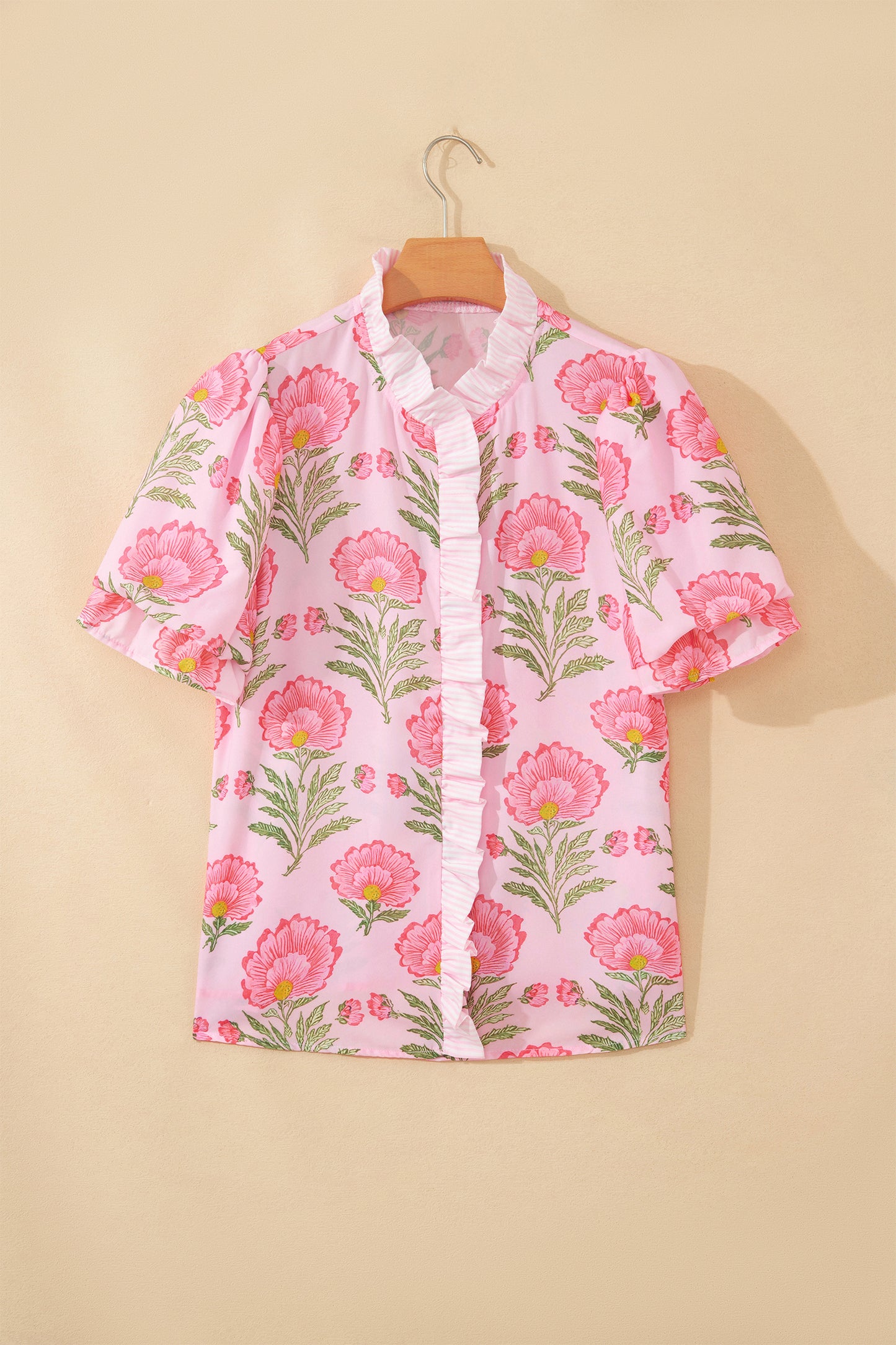 Camisa de manga abullonada con volantes y rayas Pink Sweet Blooms