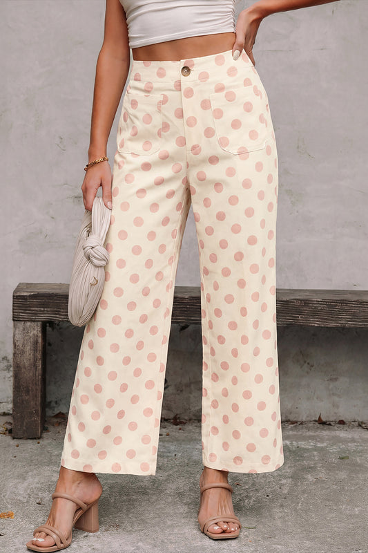 Pantalones de pernera recta de tiro medio con bolsillos de parche y estampado de lunares blancos