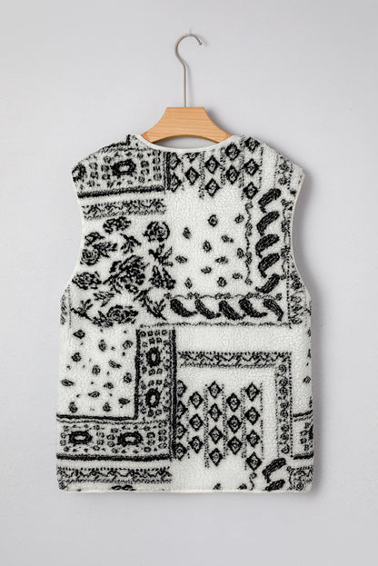 Chaqueta de chaleco de moda occidental con estampado de cachemira Sherpa beige con bolsillos