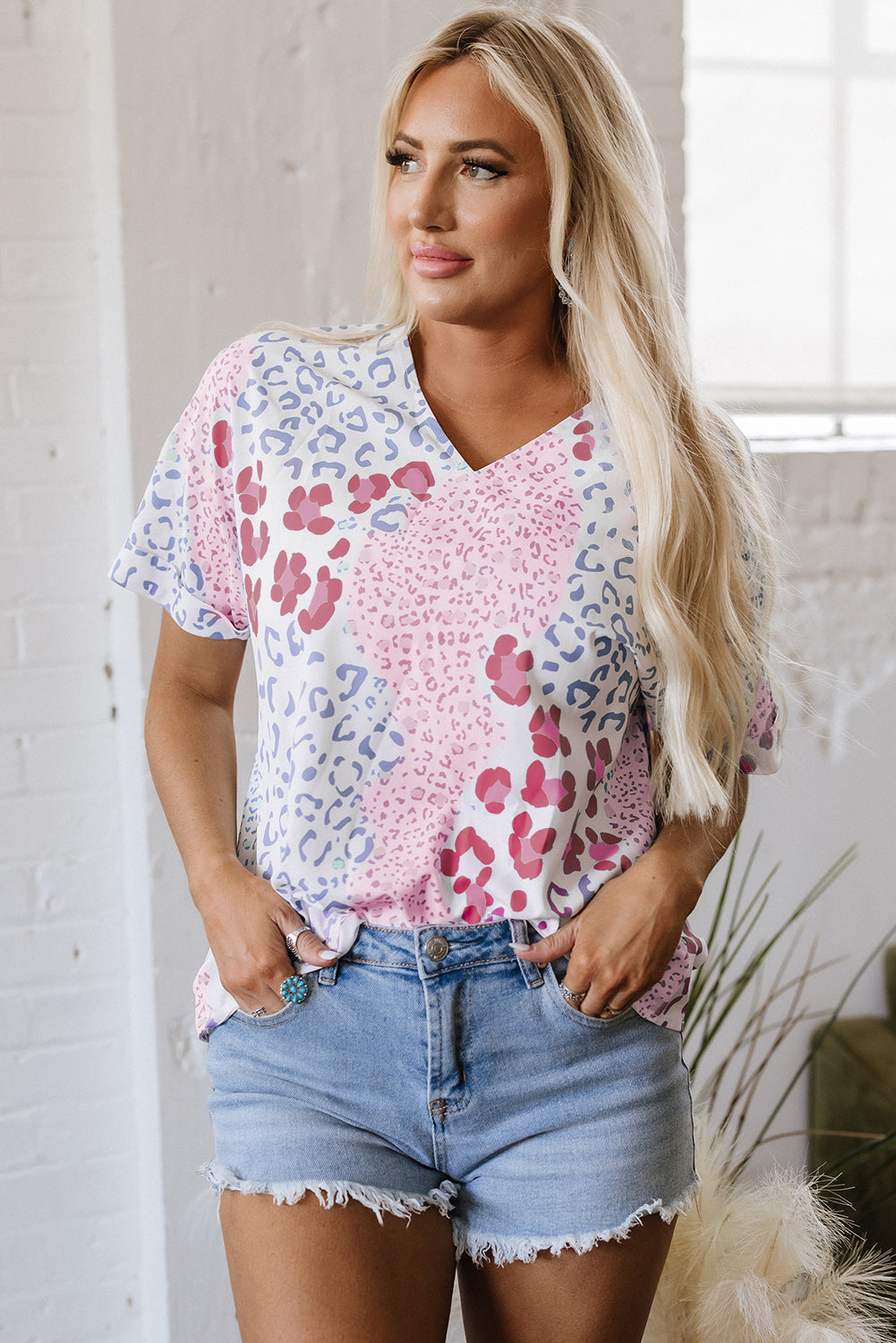 Pink Mixed Leopard Print V Neck Short Sleeve Blouse - Snoopy's Closet