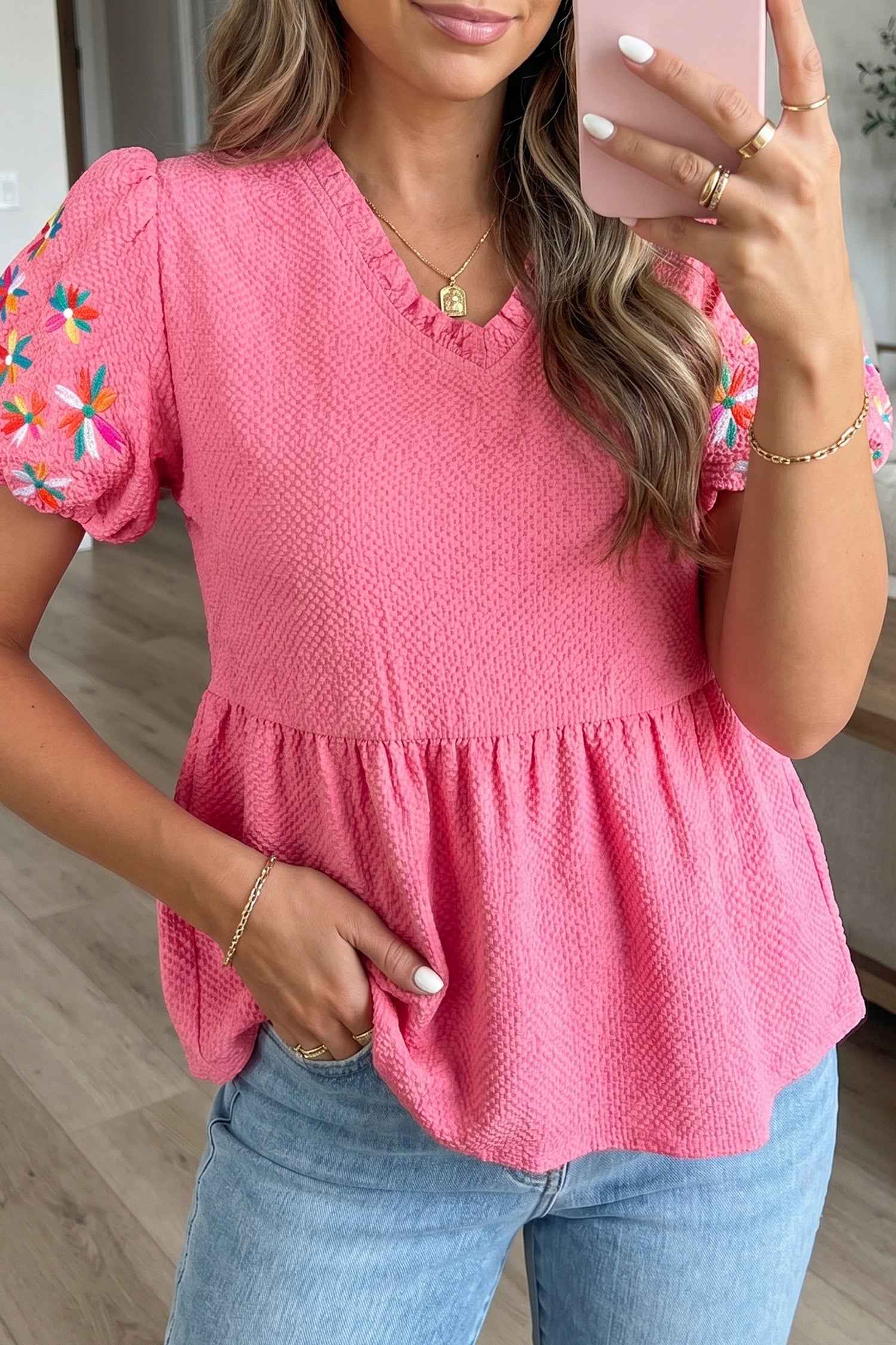 Mint Green Frilled V Neck Flower Embroidered Puff Sleeve Textured Blouse