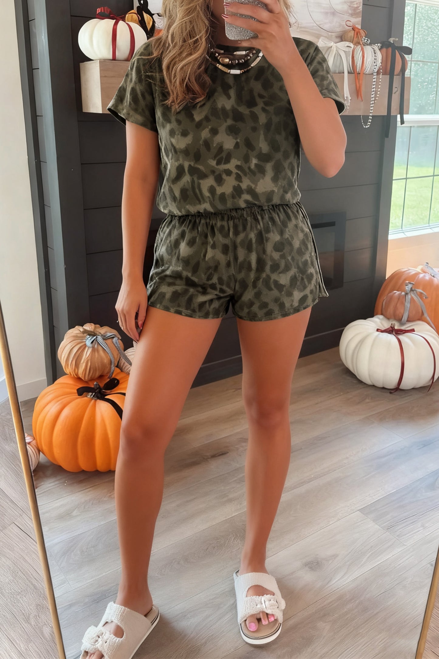 Brown Leopard Print Crew Neck Short Set - Snoopy's Closet