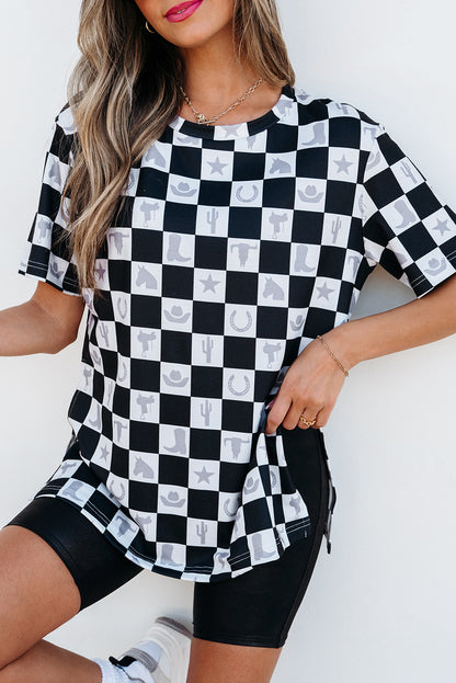 Black Western Fashion Checkerboard Print Side Split T Shirt - Snoopy's Closet