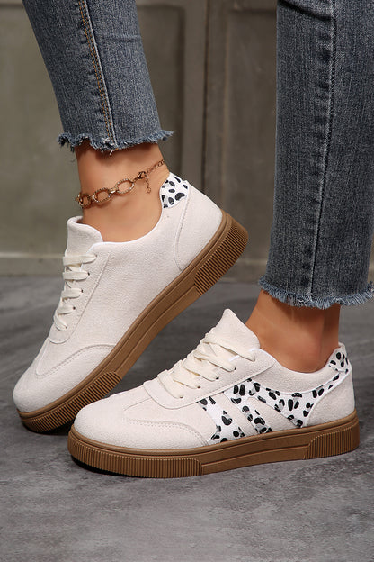 White Suede Leopard Color Block Trim Lace-up Casual Shoes - Snoopy's Closet