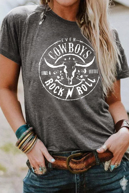 Camiseta gris con estampado gráfico de cabeza de toro con letras del oeste