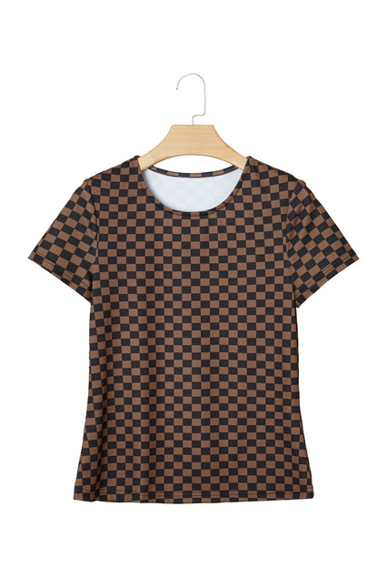 Black Checkerboard Round Neck Summer T Shirt - Snoopy's Closet