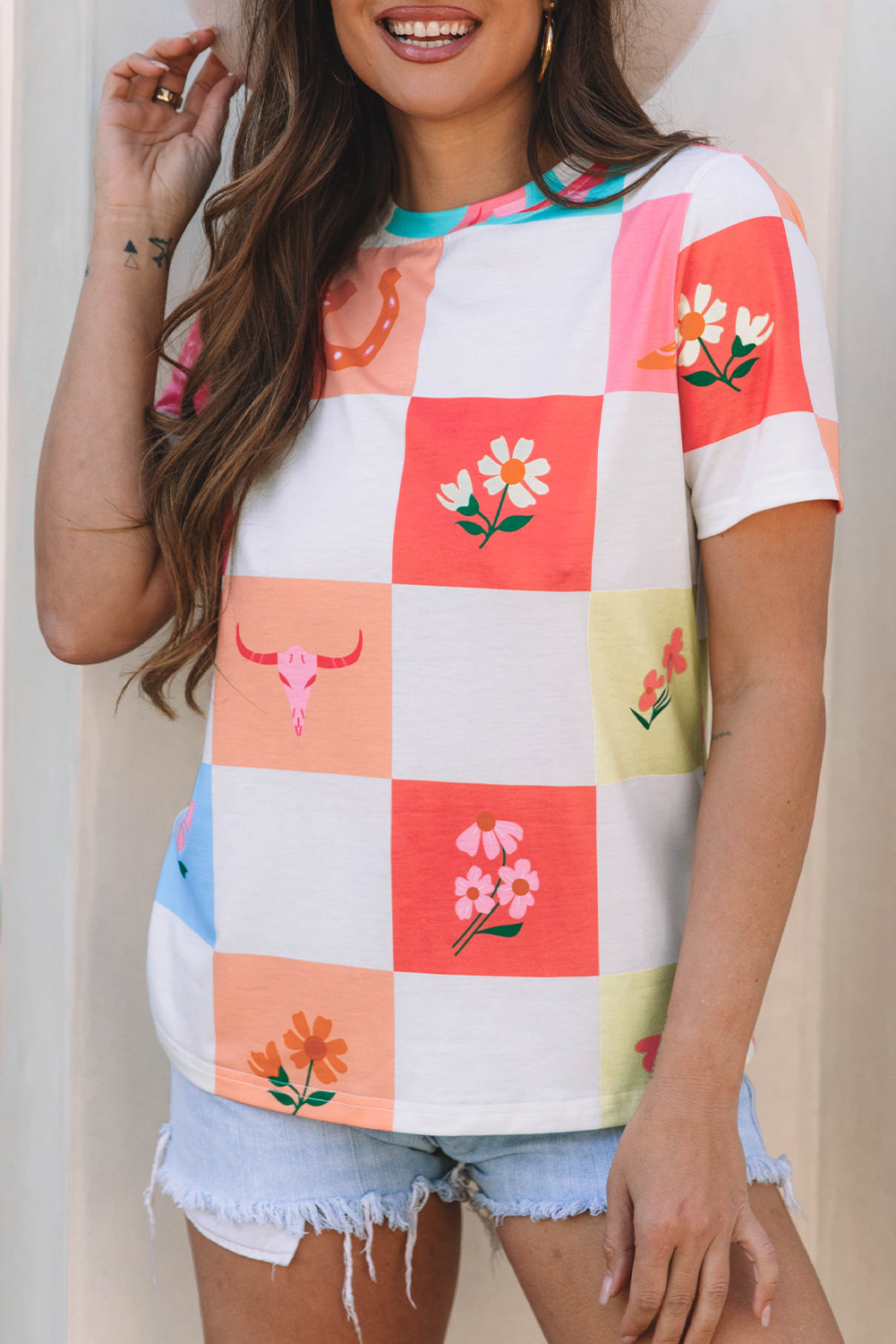 Orange Western Fashion Checker Print Crewneck T Shirt - Snoopy's Closet