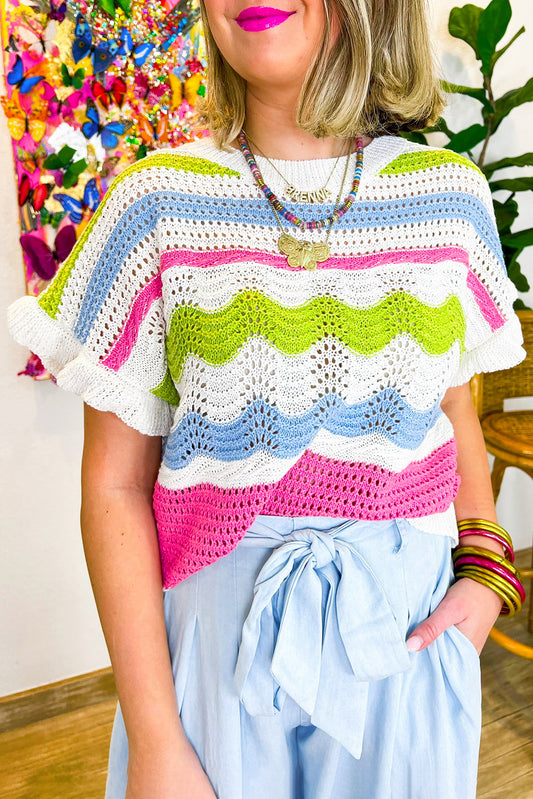 White Colorblock Crochet Knit Ruffled Short Sleeve Sweater Top - Snoopy's Closet