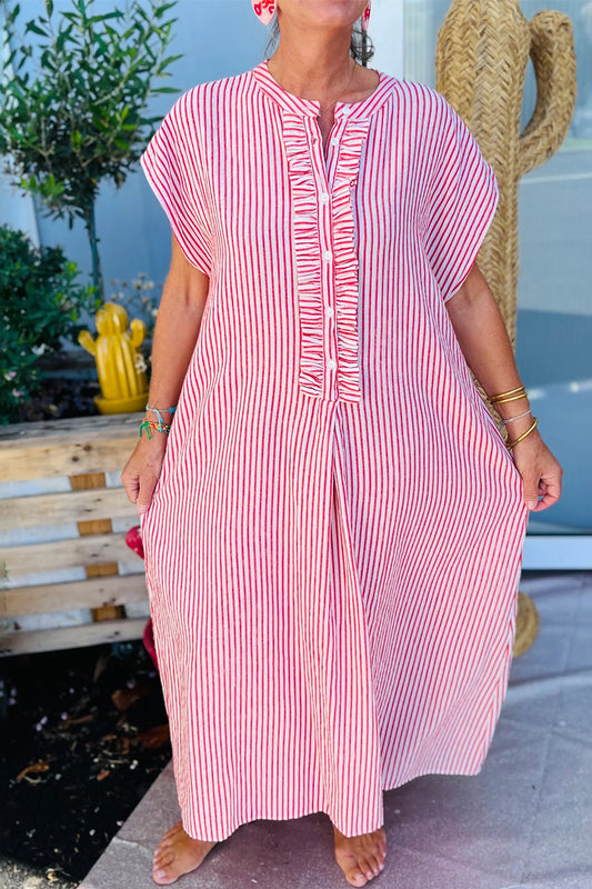 Vestido largo de manga corta con volantes y medio abotonado a rayas rojas