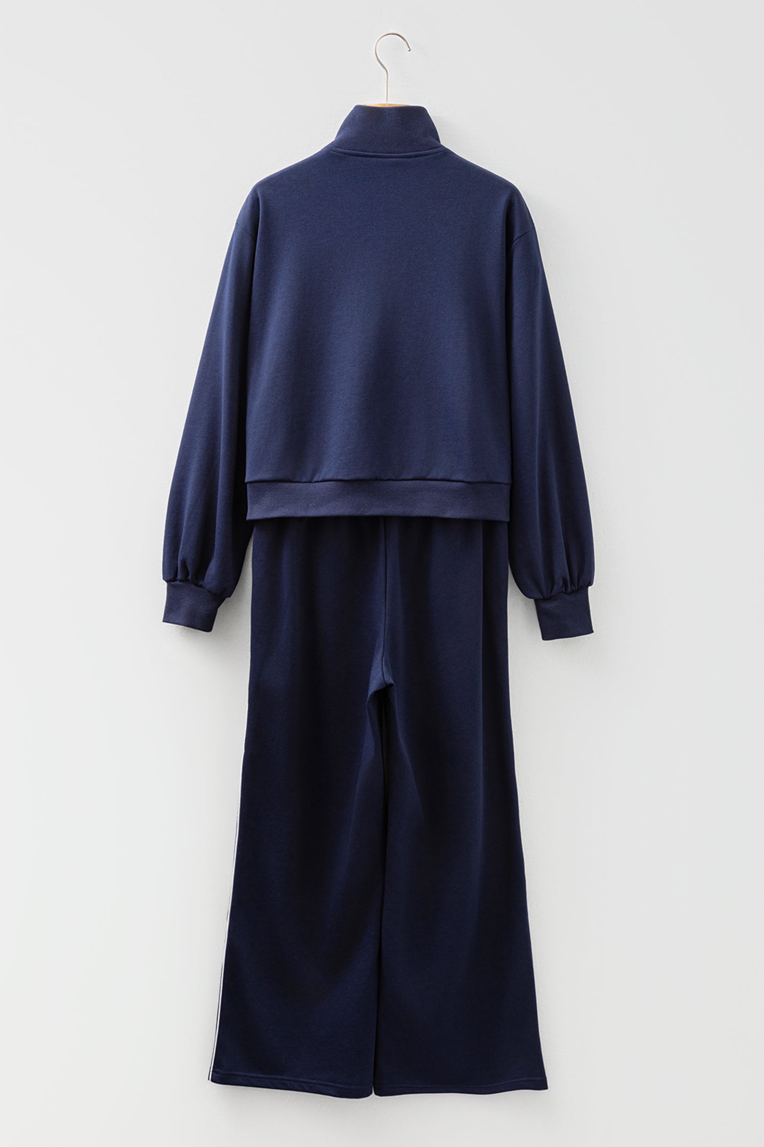 Navy Blue Contrast Piping Zipped Pullover Cropped Pants Set - Snoopy's Closet