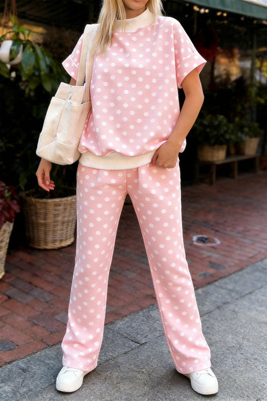 Conjunto de pantalón y top de manga corta con cuello simulado y estampado de lunares rosas