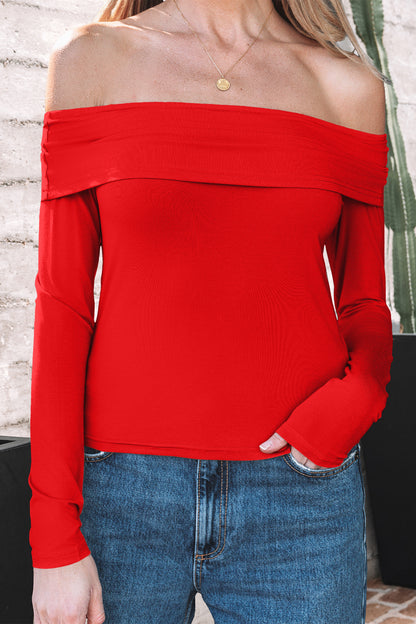 Fiery Red Foldover Off Shoulder Long Sleeve Slim Top - Snoopy's Closet