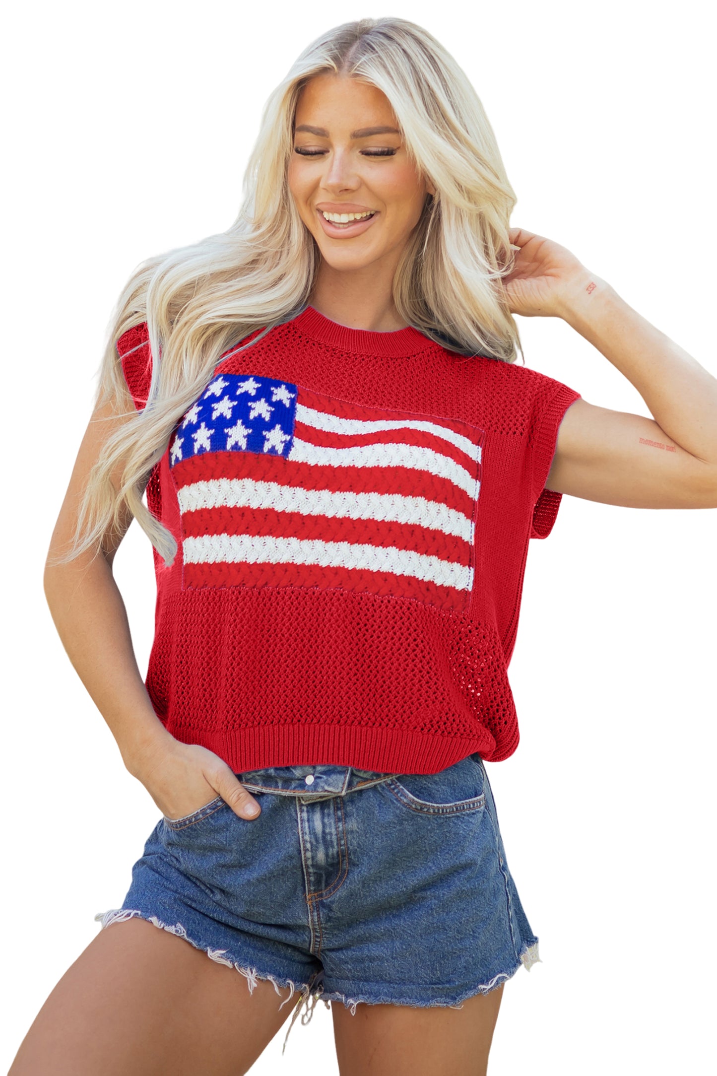Fiery Red Flag Graphic Short Sleeve Sweater Top - Snoopy's Closet