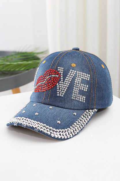 Gorra de béisbol de mezclilla Ashleigh con labio LOVE adornado con diamantes de imitación azules