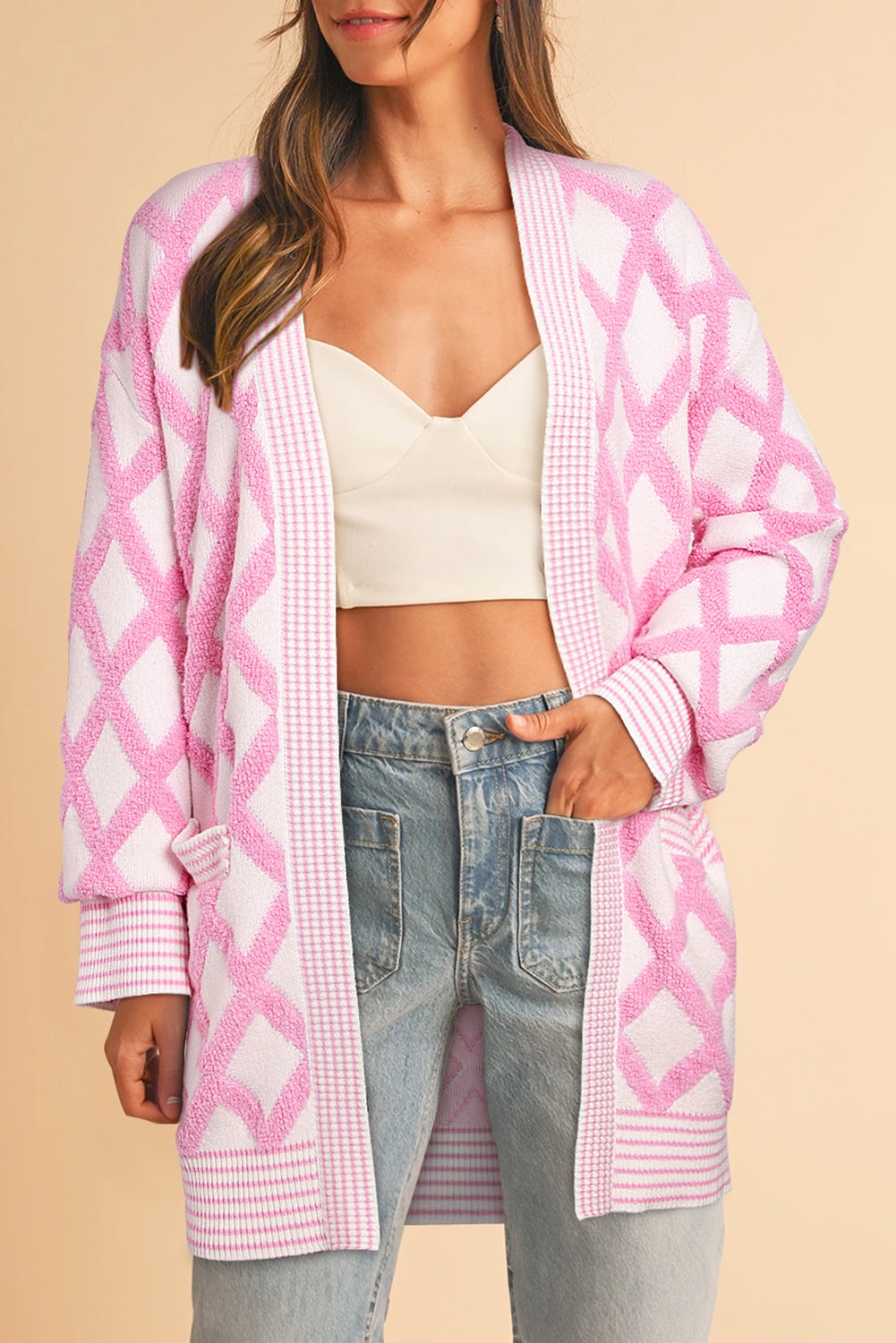 Pink Rhombus Pattern Knit Open Front Pocketed Cardigans - Snoopy's Closet