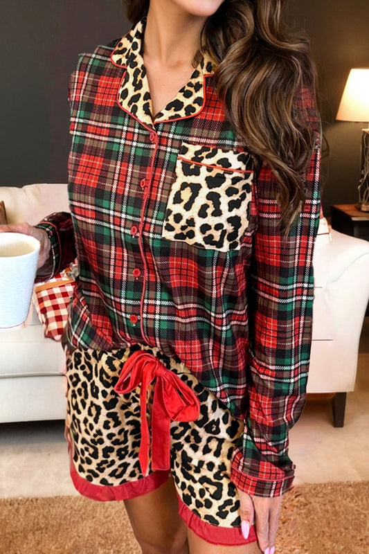 Conjunto de pijama de manga larga y pantalón corto con estampado de leopardo a cuadros retro rojo de carreras