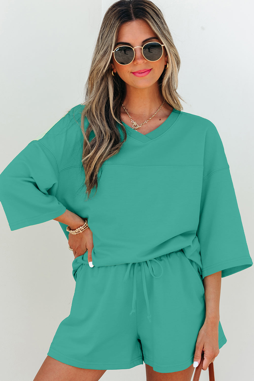 Meadow Mist Green Solid Loose V Neck Half Sleeve Tee and Shorts - Snoopy's Closet