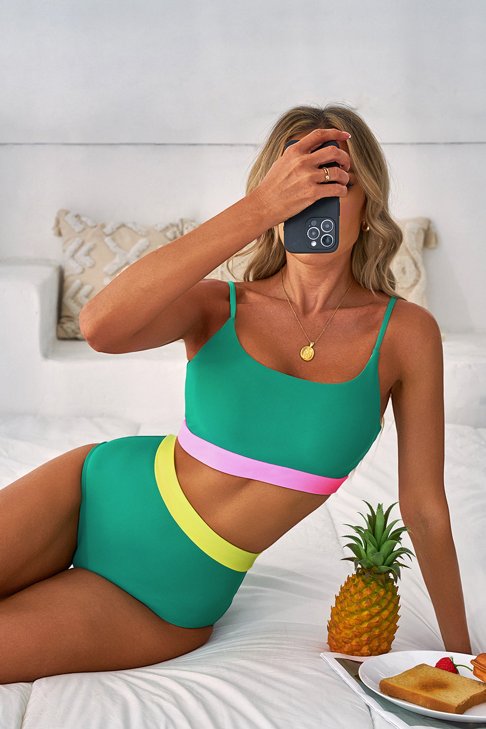 Sea Green Contrast Trim Colorblock Patchwork High Waisted Bikini - Snoopy's Closet