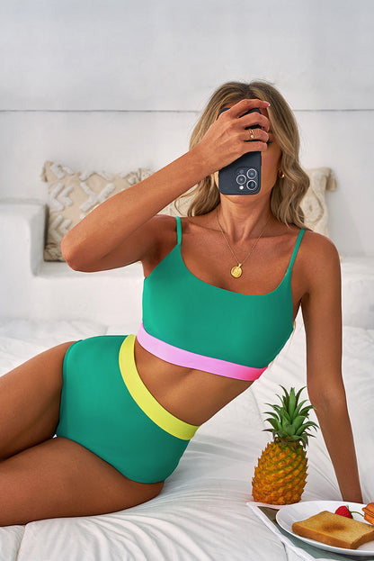 Sea Green Contrast Trim Colorblock Patchwork High Waisted Bikini - Snoopy's Closet
