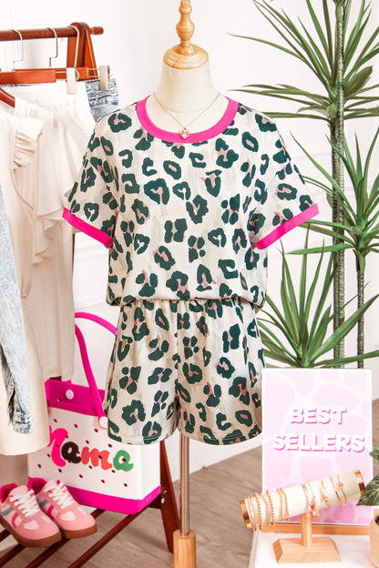 Brown Unique Leopard Print Contrast Trim Top Loose 2pcs Short Set - Snoopy's Closet