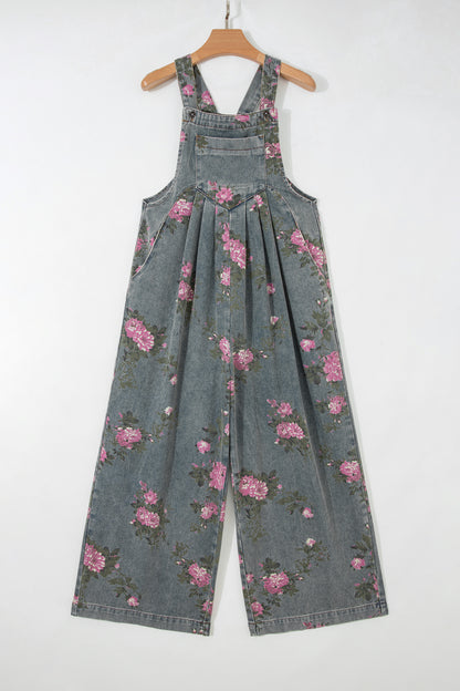 Mono vaquero de pierna ancha plisado de talle alto con estampado floral gris Beau
