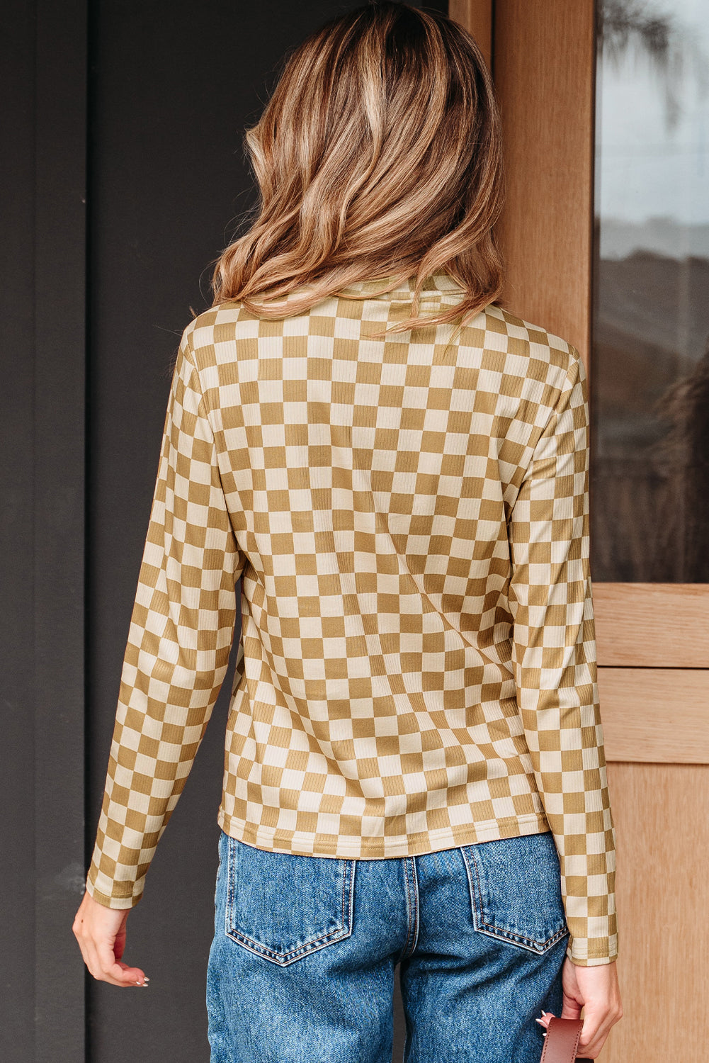 Khaki Check Pattern Turtleneck Ribbed Slim Long Sleeve Tee - Snoopy's Closet