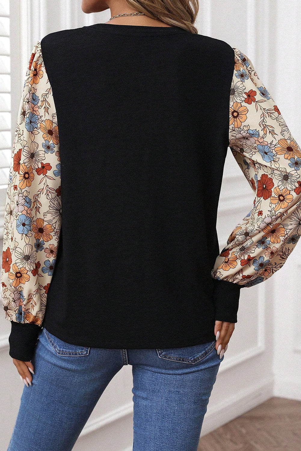 Apricot Flower Puff Sleeve Patchwork Top - Snoopy's Closet