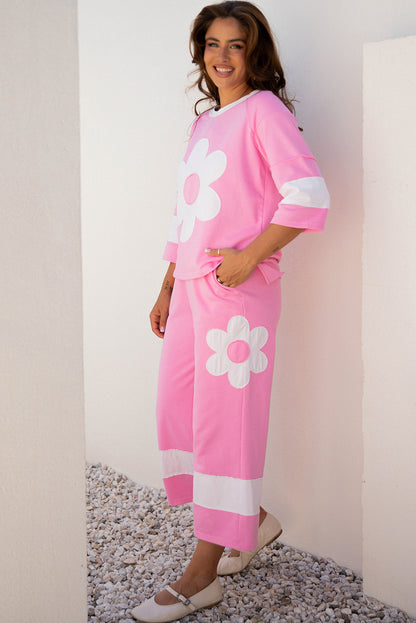 Orchid Bouquet Big Flower Patched Raw Seam Color Block 2 Piece Loose Pant Set - Snoopy's Closet