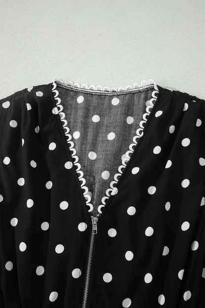 Vestido sin mangas con cremallera, cuello en V, ribete en contraste y estampado de lunares negros