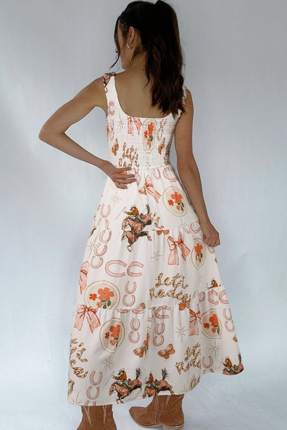 Vestido midi sin mangas con cuello de pico y estampado de herraduras del Oeste en blanco