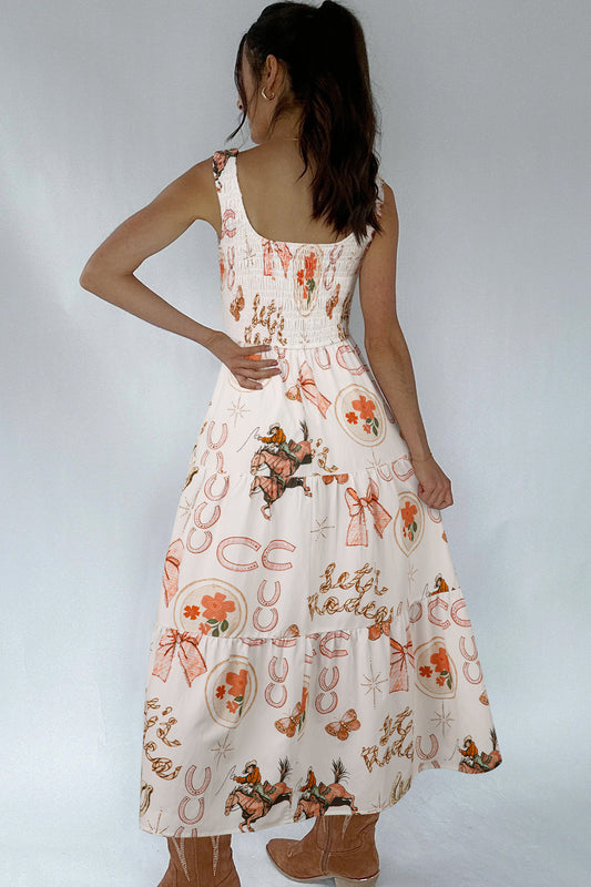 Vestido midi sin mangas con cuello de pico y estampado de herraduras del Oeste en blanco