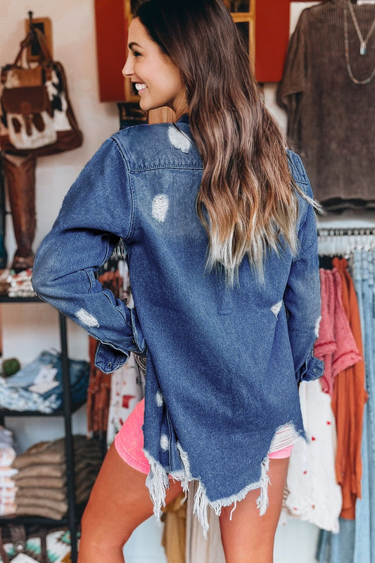Chaqueta Larga Vaquera Azul Cielo Lavado Claro Desgastada con Flecos
