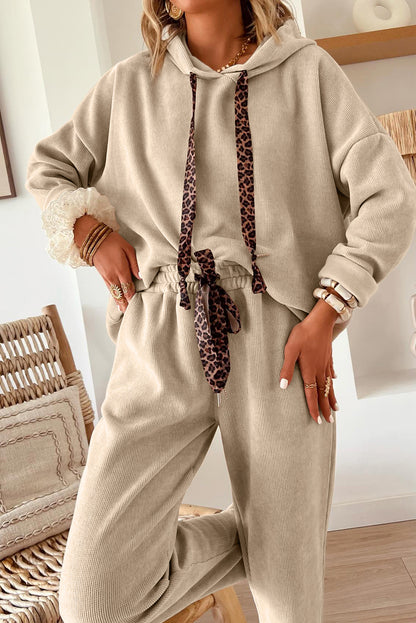 Parchment Leopard Drawstring Pullover Hoodie and High Waist Pants Corduroy Suit - Snoopy's Closet