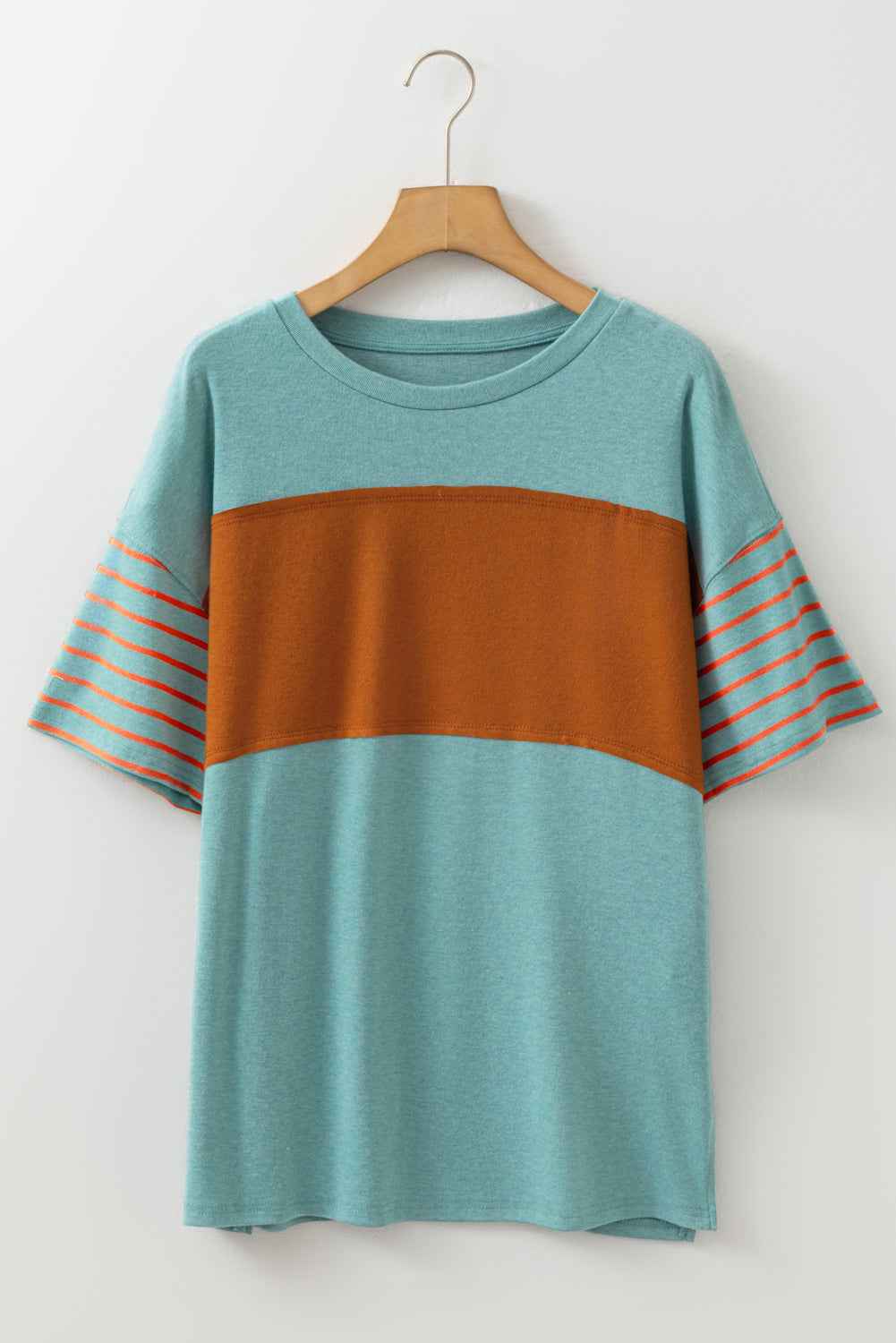 Tan Color Block Striped Detail Loose T Shirt