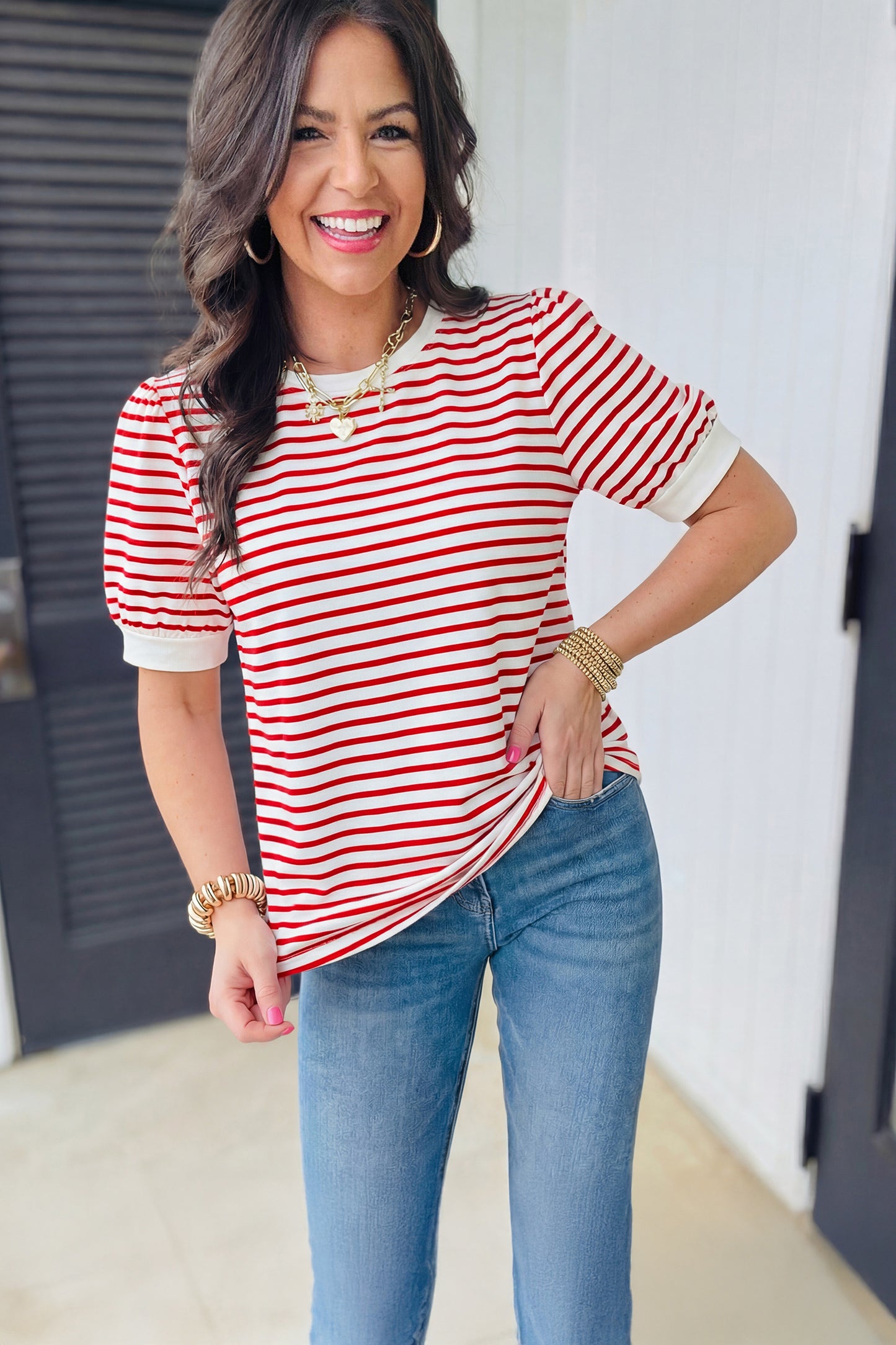Red Stripe Contrast Trim Round Neck Short Puff Sleeve T Shirt - Snoopy's Closet