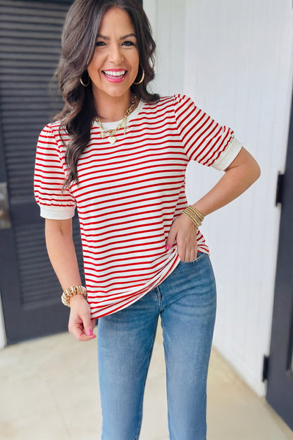 Red Stripe Contrast Trim Round Neck Short Puff Sleeve T Shirt - Snoopy's Closet