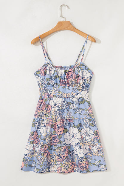 Sky Blue Floral Tiered Patchwork Spaghetti Strap Vacation Dress - Snoopy's Closet