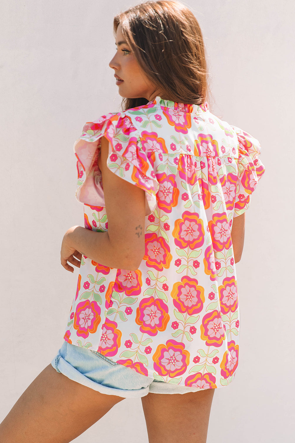 Rose Floral Ruffled Sleeve Ric-rac Trim Split Neck Loose Blouse - Snoopy's Closet
