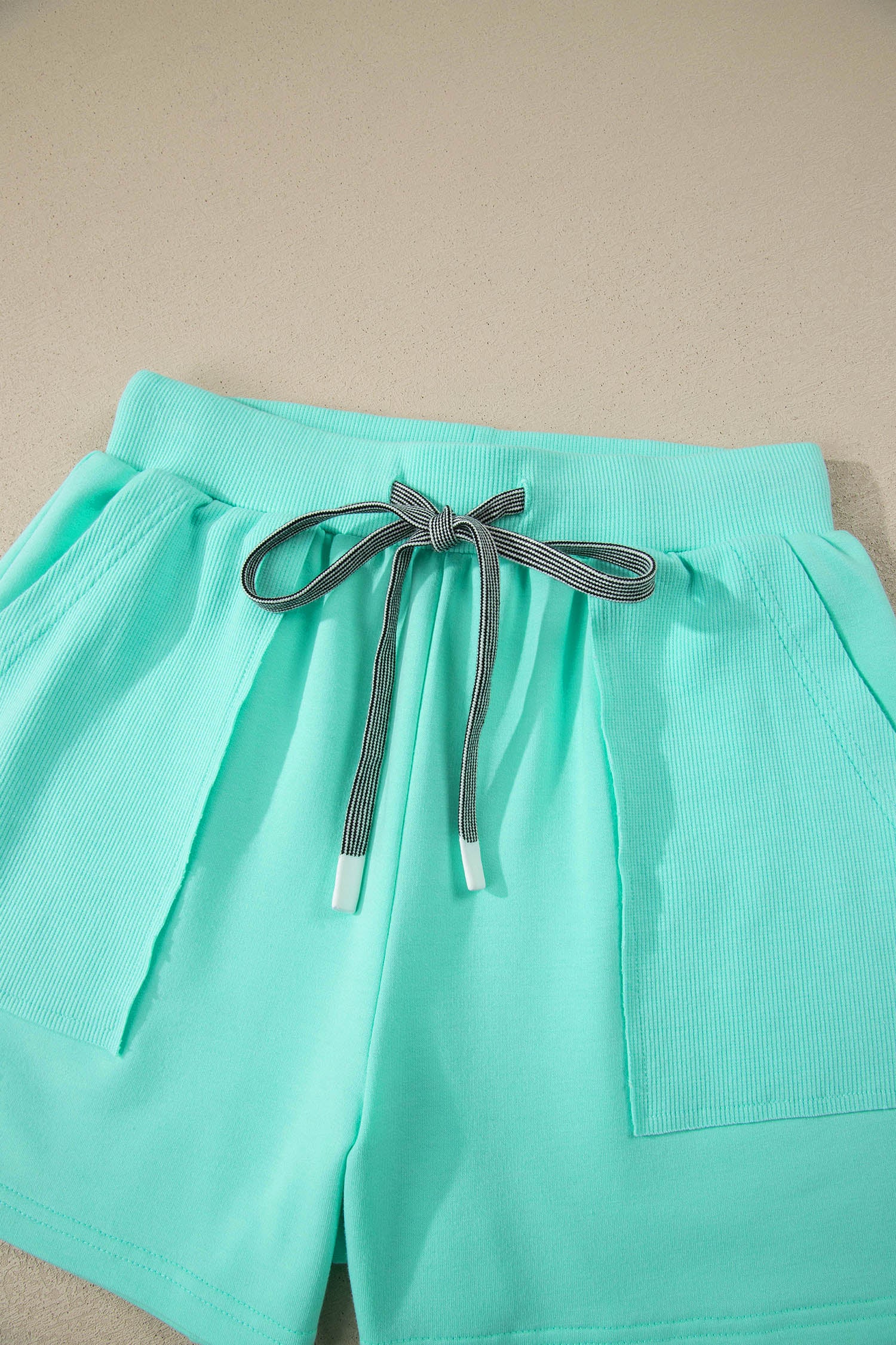 Mint Green V Neck Short Sleeve Top Drawstring Shorts 2pcs Set - Snoopy's Closet
