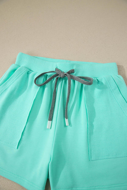 Mint Green V Neck Short Sleeve Top Drawstring Shorts 2pcs Set - Snoopy's Closet