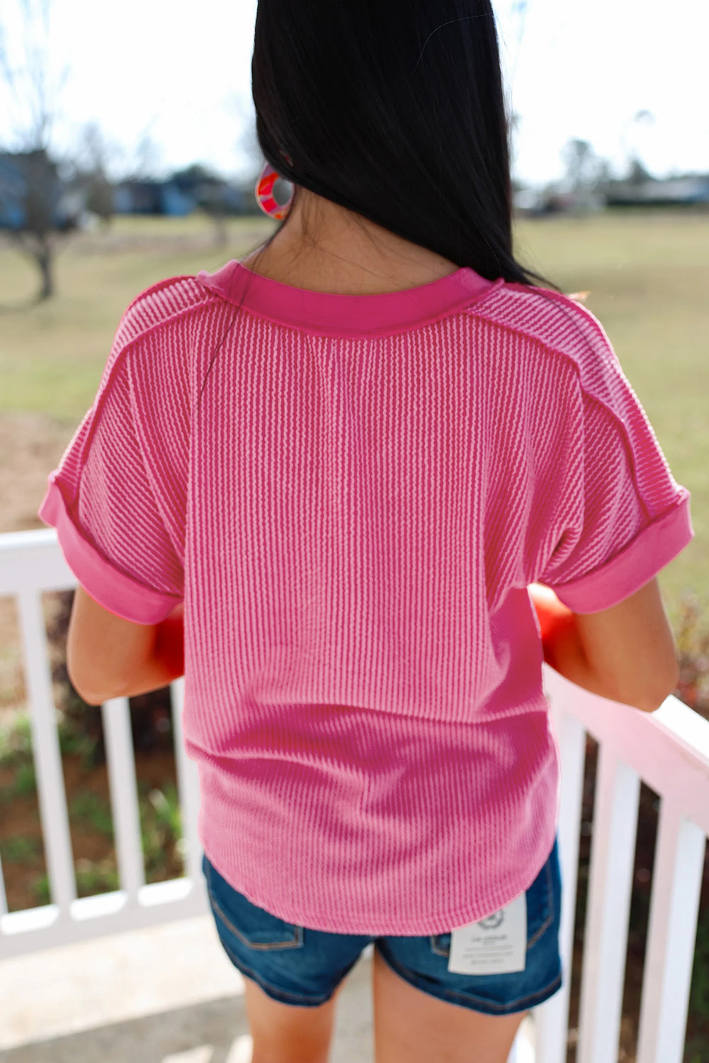 Rose Red Twisted Ribbed Knit V Neck Casual Tee - Snoopy's Closet