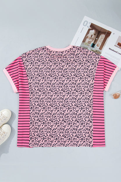 Pink Leopard Striped Contrast Patchwork Plus Size Tee