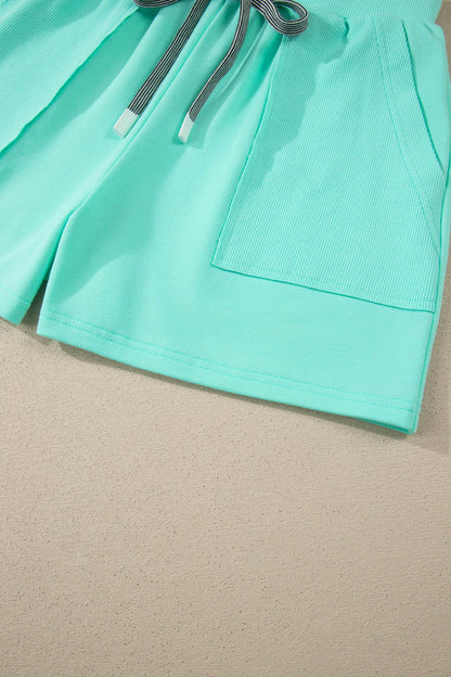 Mint Green V Neck Short Sleeve Top Drawstring Shorts 2pcs Set - Snoopy's Closet