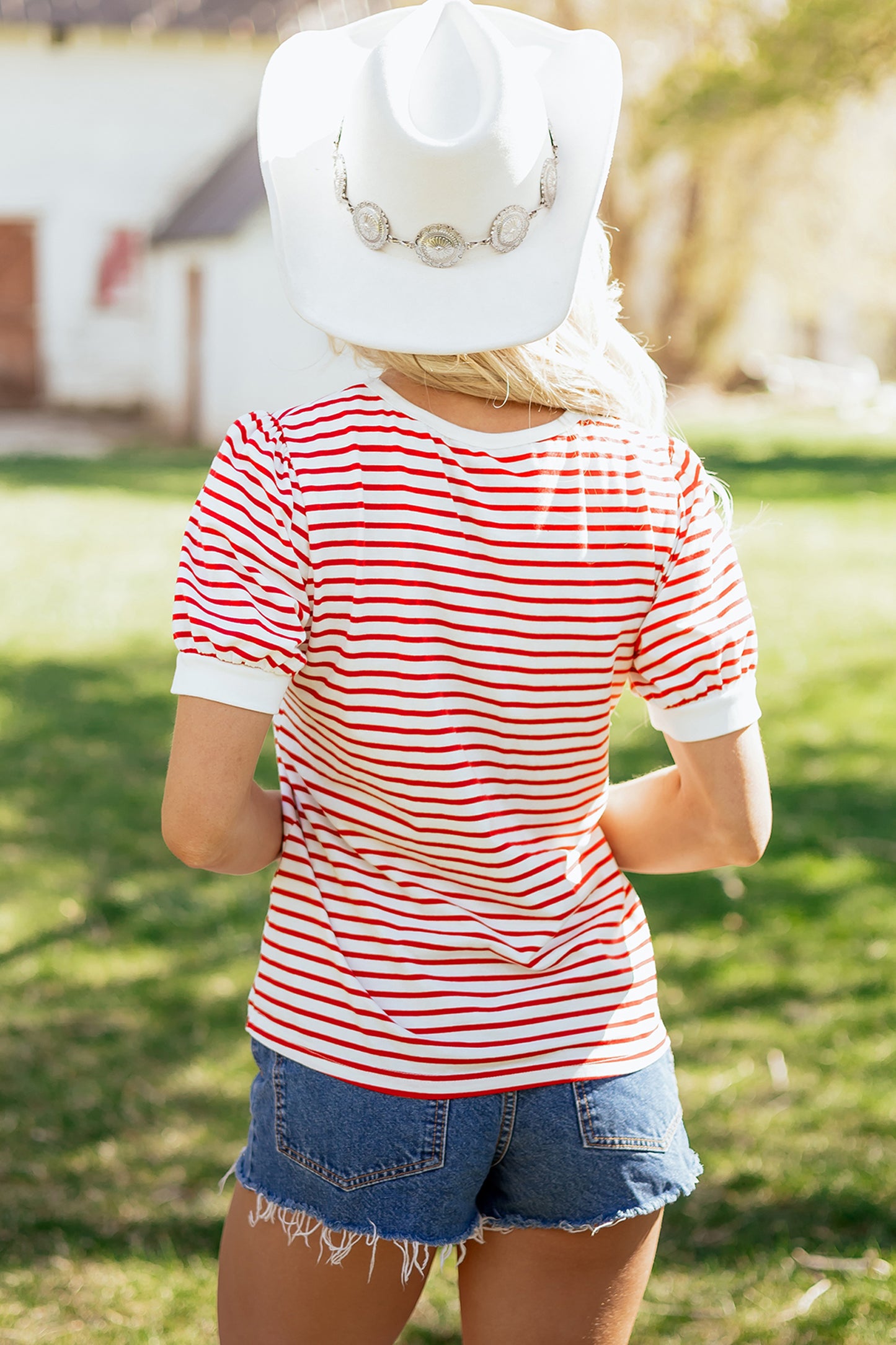 Red Stripe Contrast Trim Round Neck Short Puff Sleeve T Shirt - Snoopy's Closet