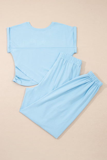 Beau Blue Solid Color Cropped Tank Top and Jogger Pants Set - Snoopy's Closet