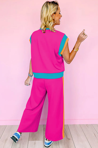 Strawberry Pink Color Block Detail Casual Two-piece Set - Snoopy's Closet