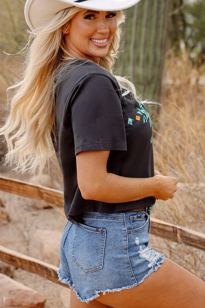 Carbon Grey Vintage Western Bull Head Skull Turquoise Aztec Graphic T Shirt - Snoopy's Closet