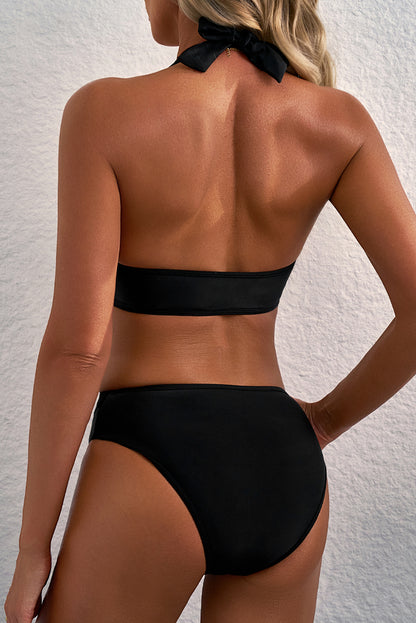 Black Sheer Mesh Edged Halter V Neck Push Up Bikini - Snoopy's Closet