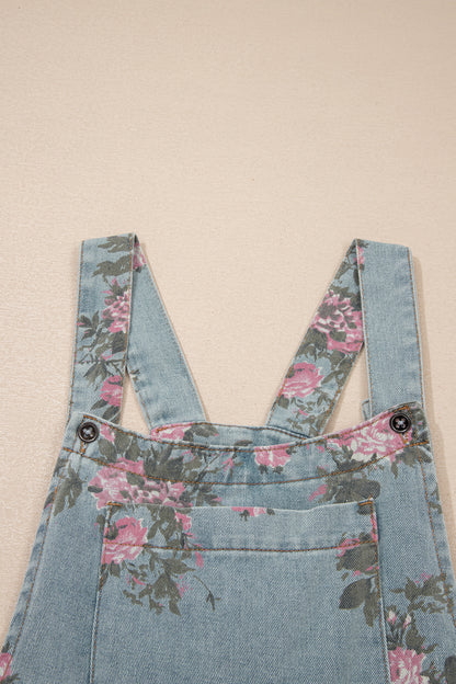 Mono vaquero Beau azul con estampado floral, pliegues, talle alto y pierna ancha